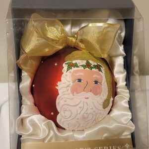 Vintage‎ Jumbo Beaded Glass Glitter Santa Ornament Boxed 725519